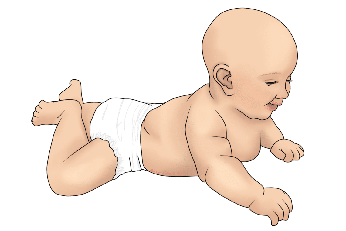 A baby wearing a diaper is crawling on all fours, appearing joyful in an isolated white background.