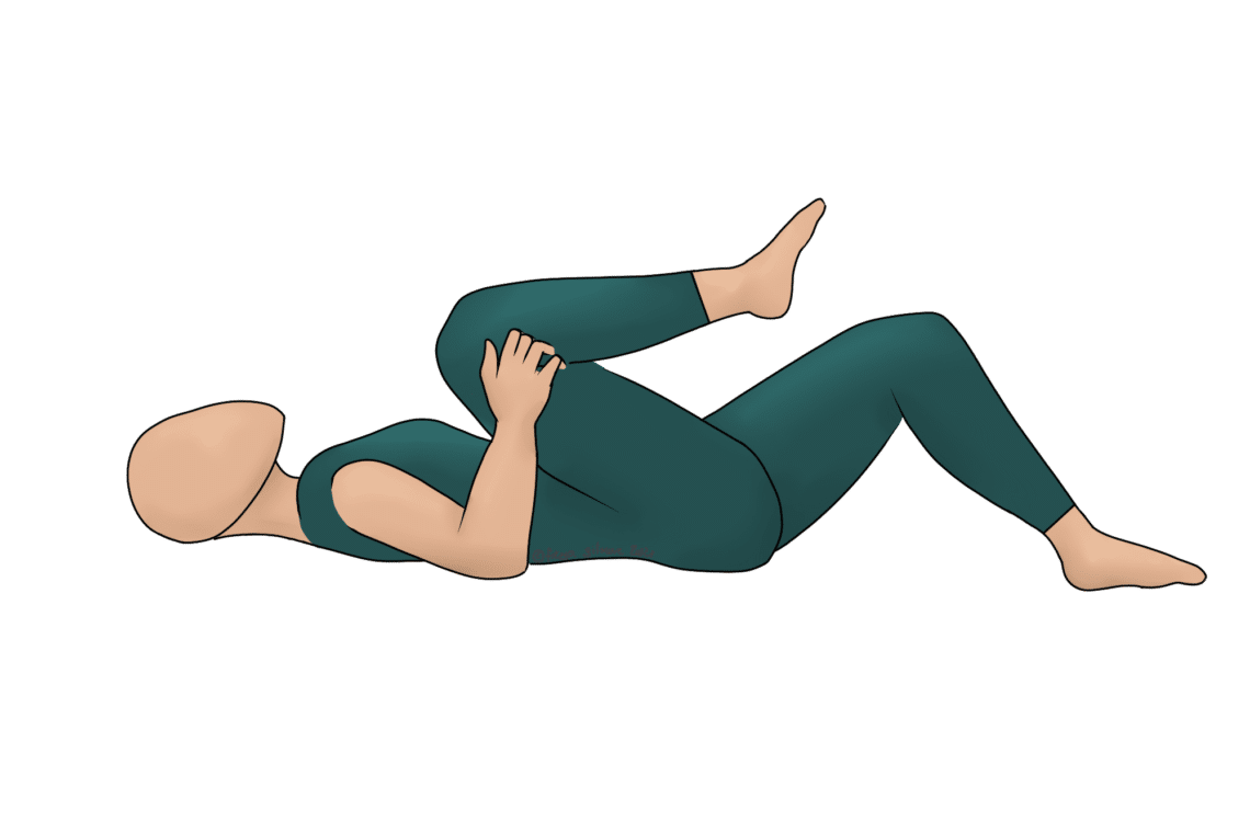 A faceless figure lies on their back, pulling one knee towards the chest, while the other leg remains bent, against a white background.