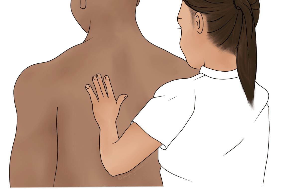 A woman wearing a white shirt gently places her hand on a man's bare back, suggesting a soothing or medical action in a neutral setting.